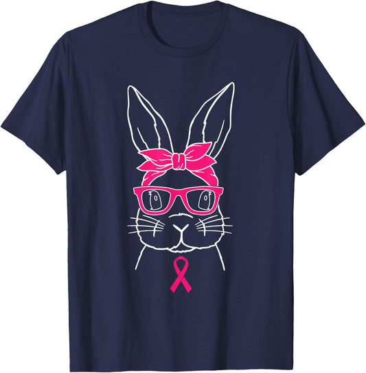 Bunny Glasses Breast Cancer Awareness Cute Rabbit Warrior T-Shirt - T-Shirt | Navy