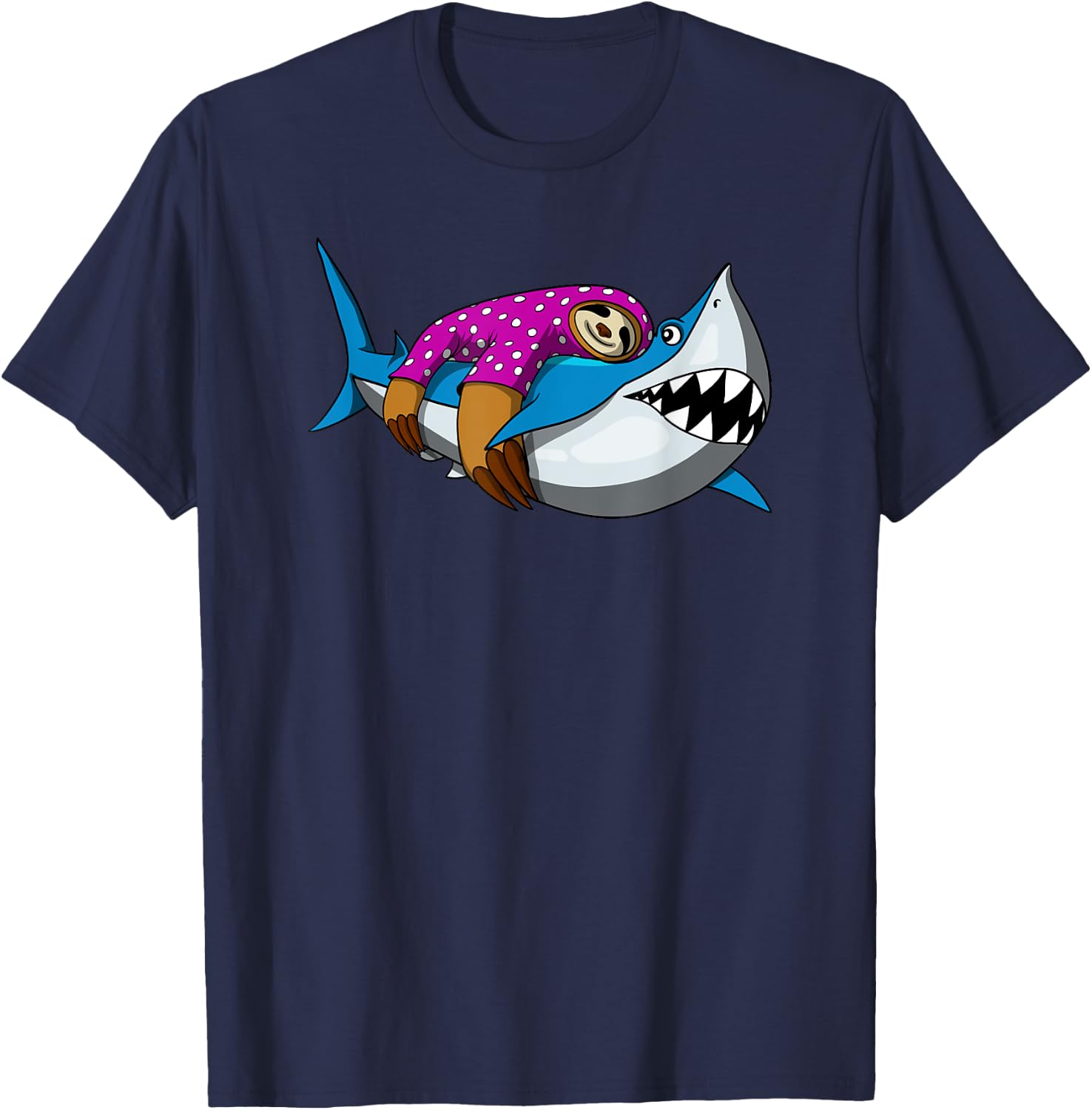 Lazy Sloth With Pajama Riding Ocean Shark T-Shirt - T-Shirt | Navy
