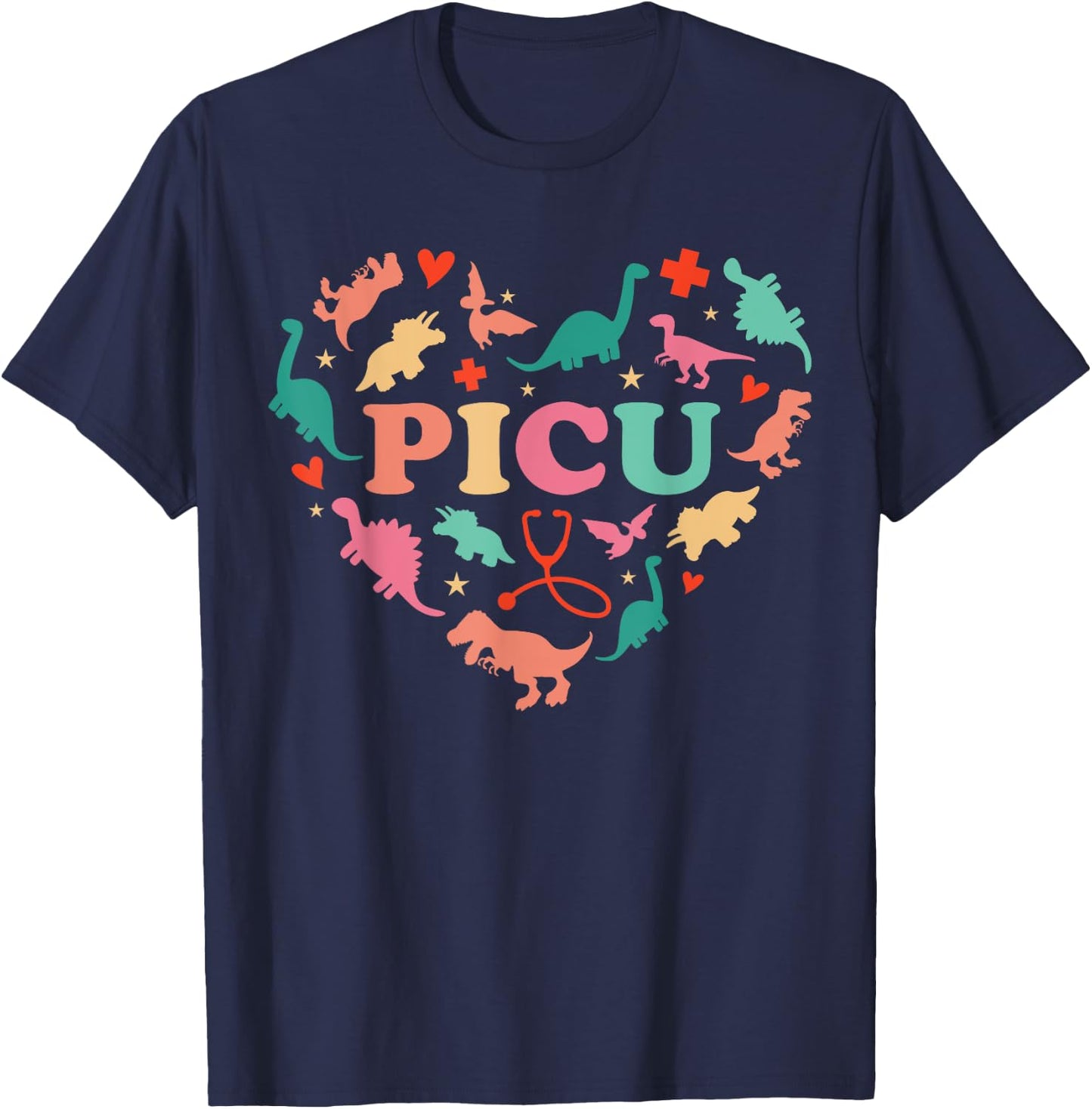 PICU Pediatric Nurse Heart Cute Dinosaur Physical Peds Squad T-Shirt - T-Shirt | Navy