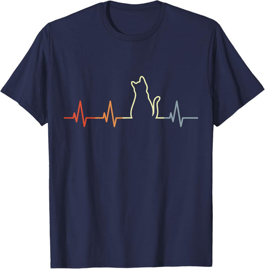 Vintage Cat Heart Line Cat Heartbeat , black, s T-Shirt - T-Shirt | Navy