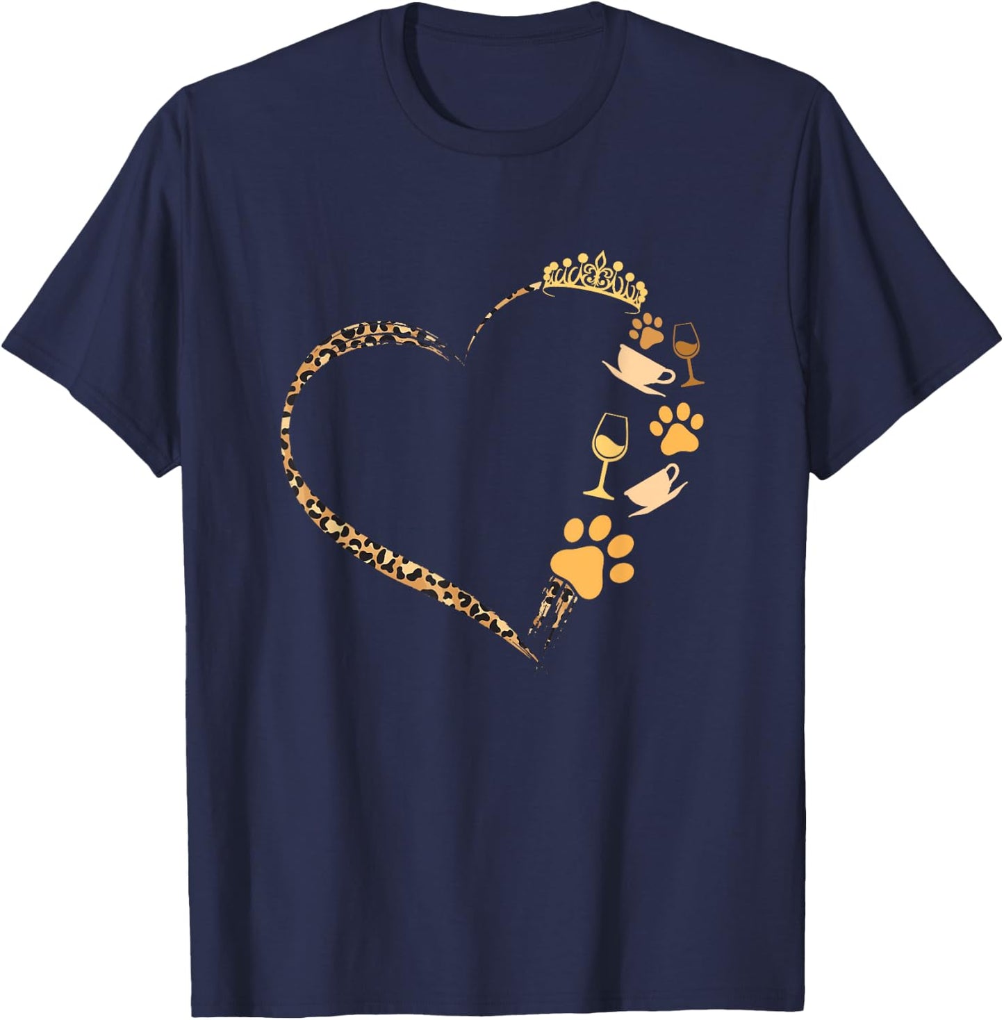 Cute Dogs Paw Crown Wine Coffee Leopard Print Heart T-Shirt - T-Shirt | Navy