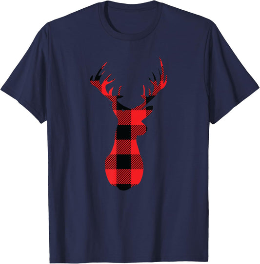 Funny Classic Red & Black Christmas Buffalo Plaid Deer Head T-Shirt - T-Shirt | Navy