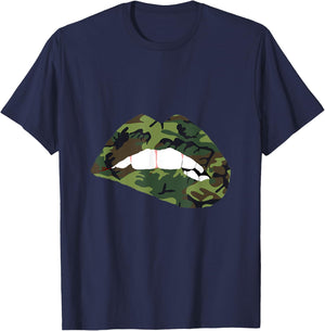 Camouflage Lips Mouth Military Kiss Me Biting Camo Kissing T-Shirt - T-Shirt | Navy