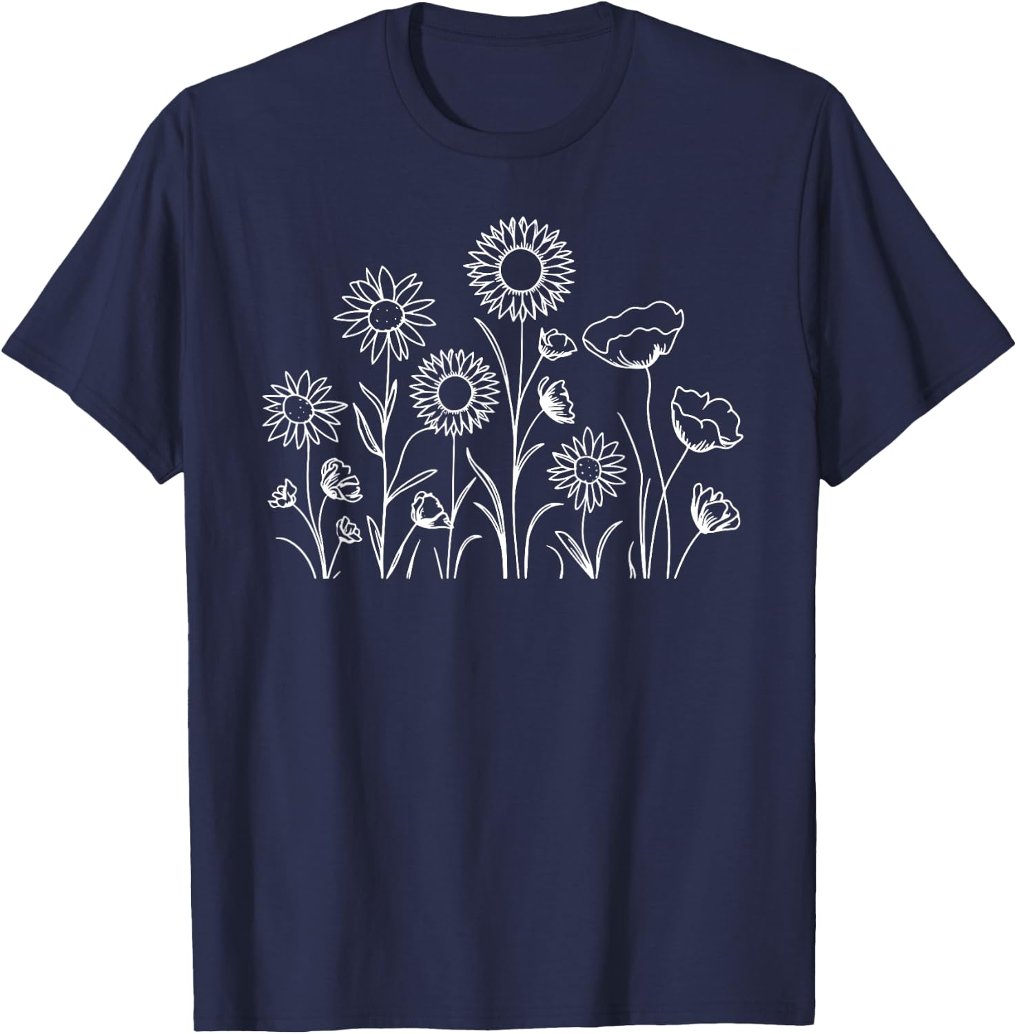 Simple Sunflower Row Line Drawing - White Print T-Shirt - T-Shirt | Navy