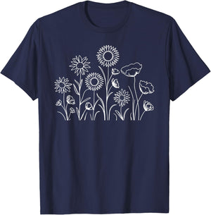 Simple Sunflower Row Line Drawing - White Print T-Shirt - T-Shirt | Navy