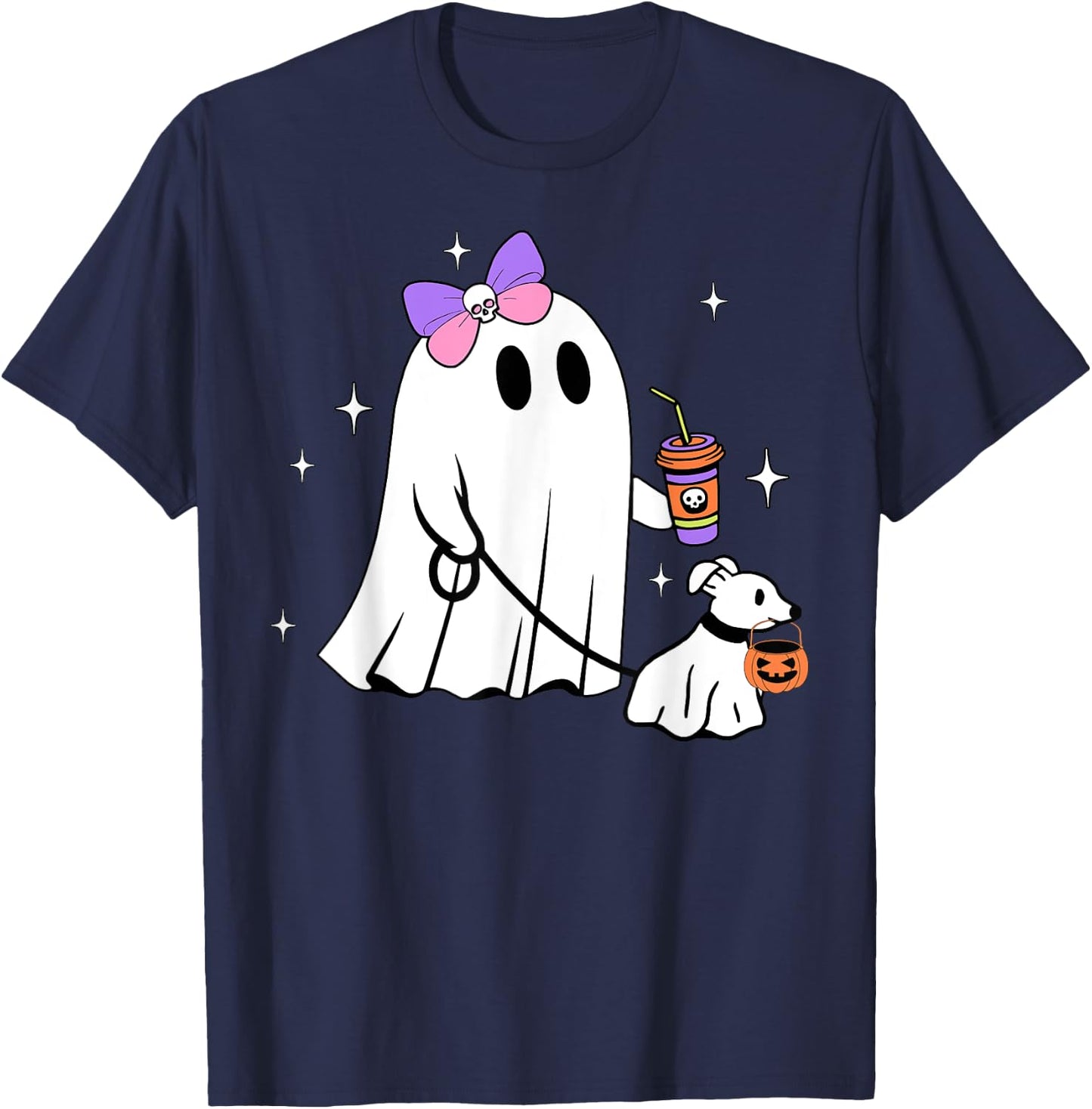 Halloween Cute Ghost Walking Dog Spooky Coquette Ghost Women T-Shirt - T-Shirt | Navy