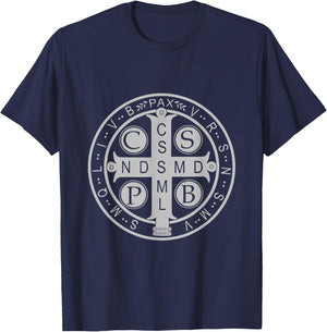 St. Benedict Medal - Traditional Latin Catholic Christian T-Shirt - T-Shirt | Navy