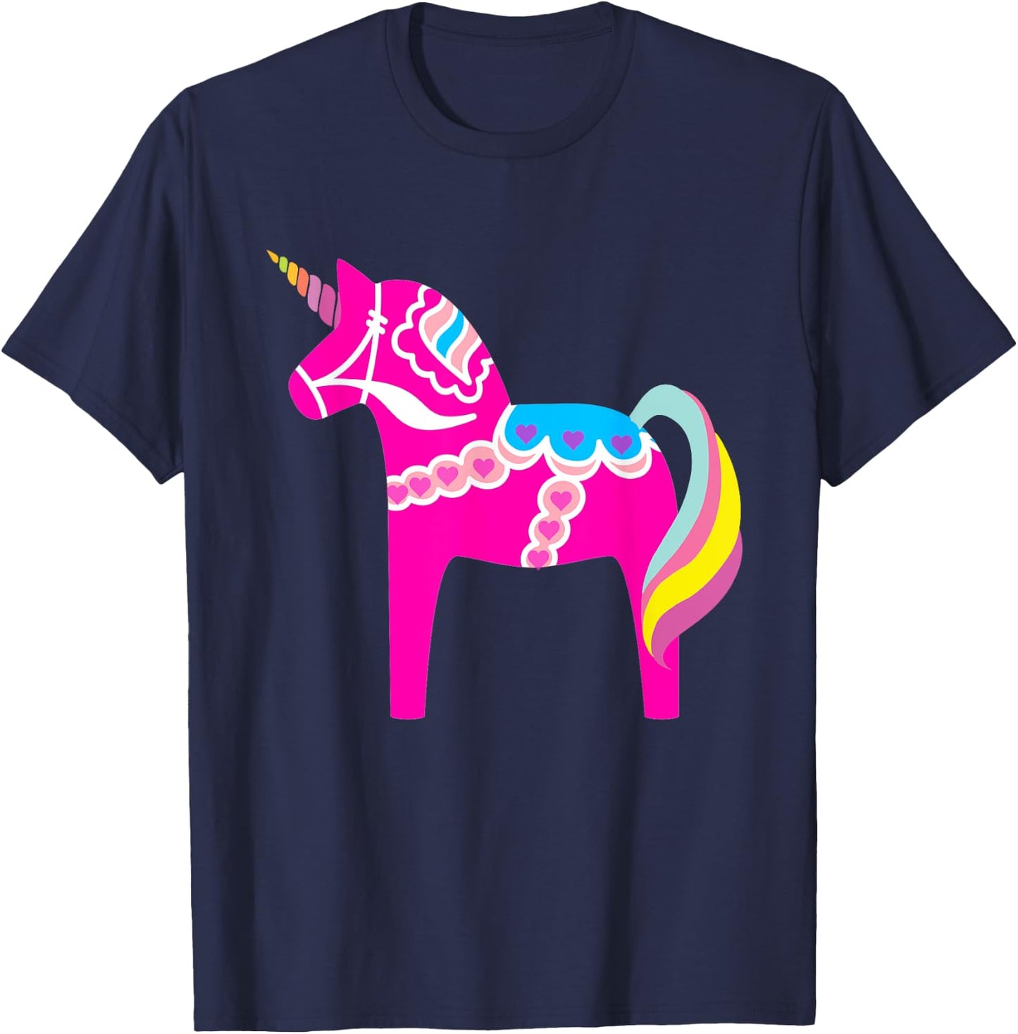 Pink Dala Horse Unicorn Swedish Dalecarlian Horse T-Shirt - T-Shirt | Navy