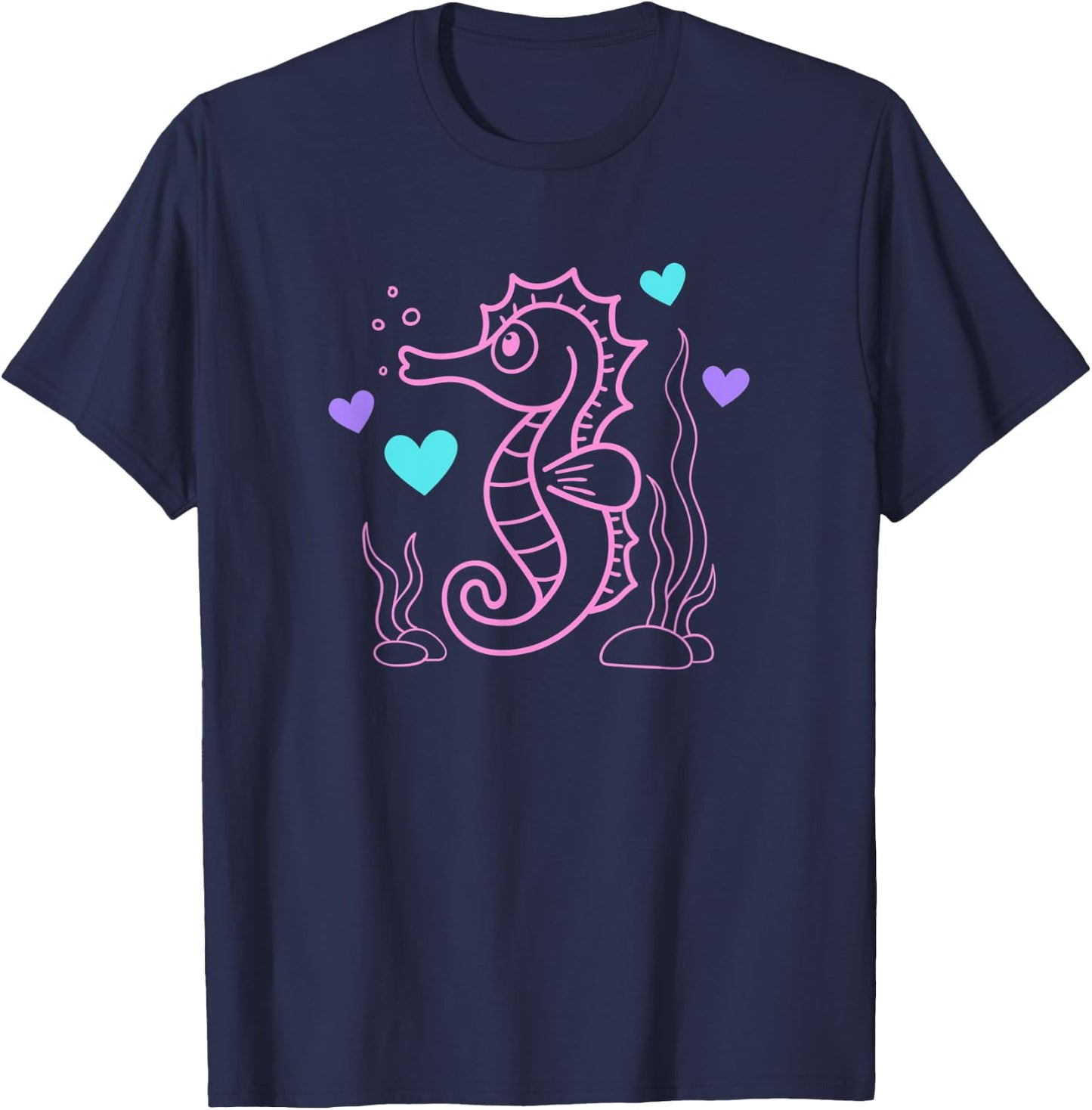 Seahorse Ocean Cute Pink Blue and Purple T-Shirt - T-Shirt | Navy