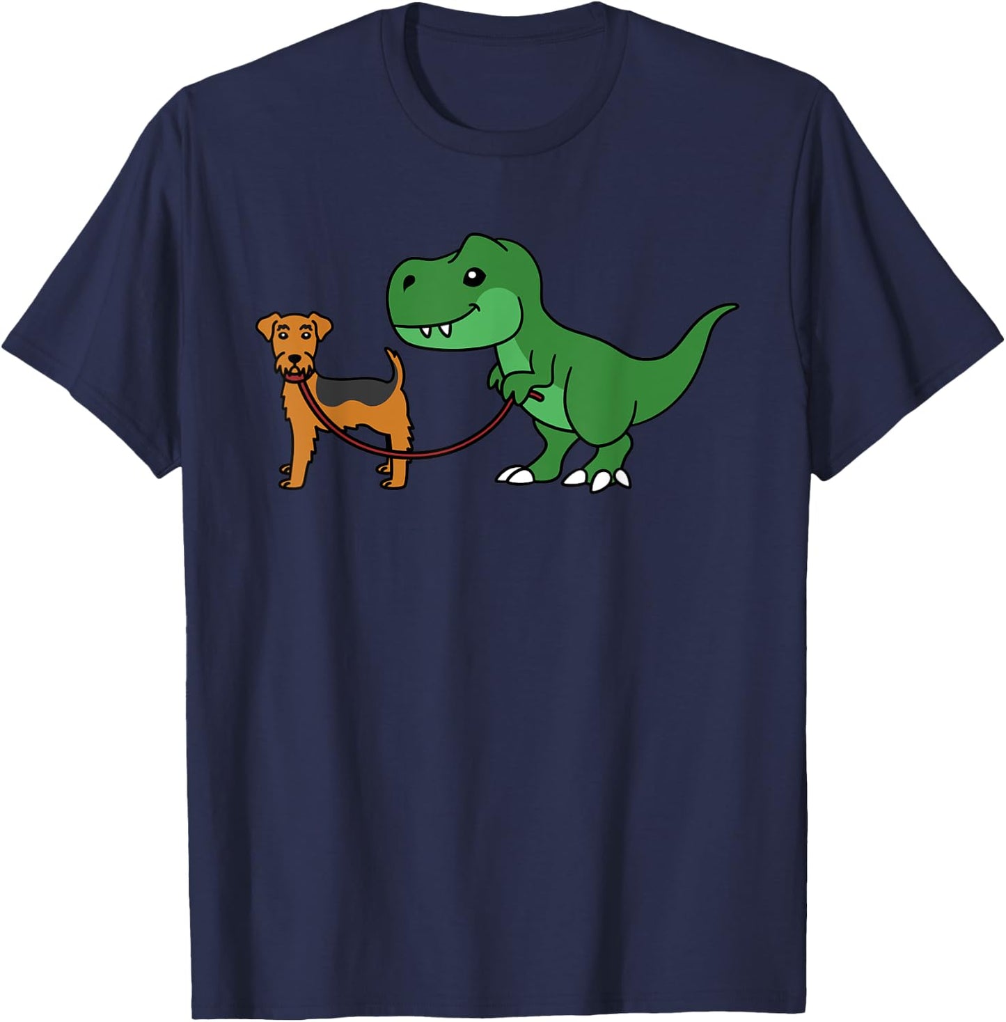 T-Rex Dinosaur Walking Airedale Terrier Funny Dog T-Shirt - T-Shirt | Navy