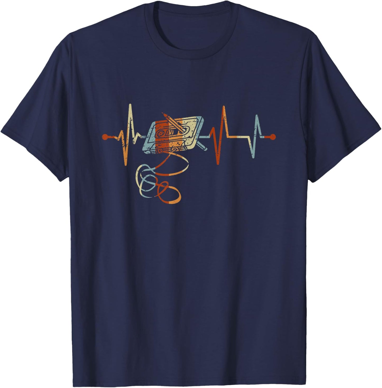 Retro Music Cassette Heartbeat Vintage Mixtape , black, s T-Shirt - T-Shirt | Navy