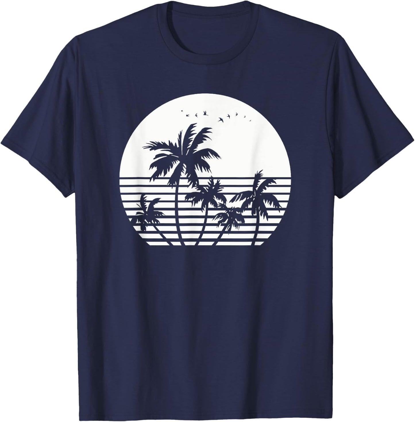 Vintage Birds Sunset Beach Palm trees T-Shirt - T-Shirt | Navy