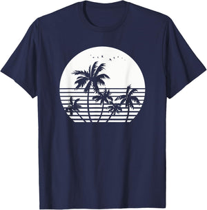 Vintage Birds Sunset Beach Palm trees T-Shirt - T-Shirt | Navy