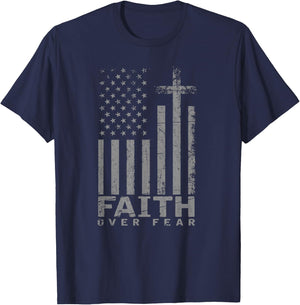 USA Flag Patriotic American Gift Faith Over Fear Prayer Women Girls Kids Men T-Shirt - T-Shirt | Navy