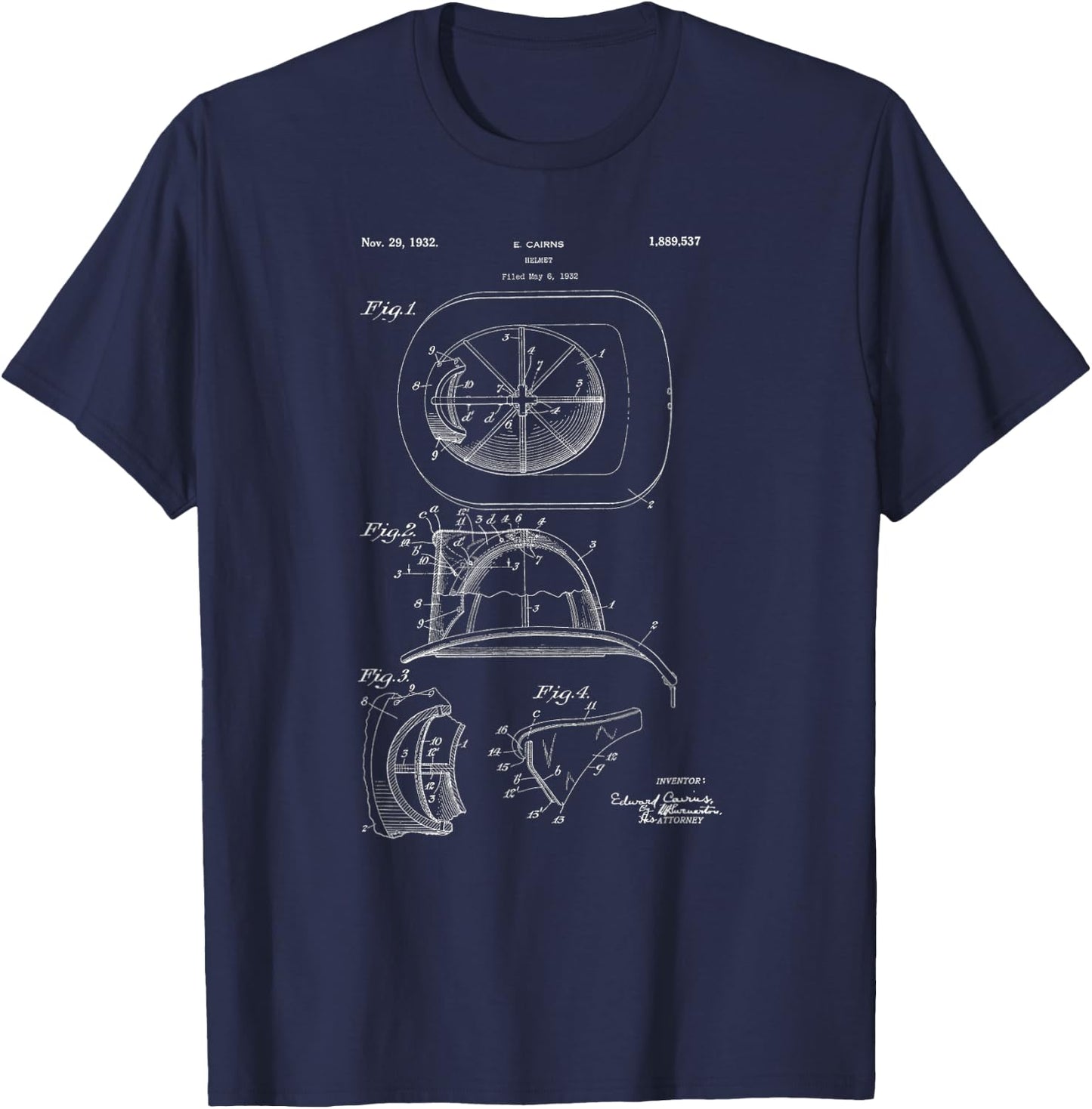 Classic Vintage Patent Print 1932 Firefighter Helmet T-Shirt - T-Shirt | Navy