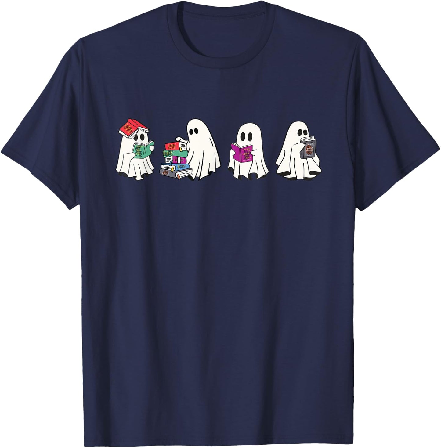 Cute Ghosts Reading Books Lover Spooky Season Halloween T-Shirt - T-Shirt | Navy