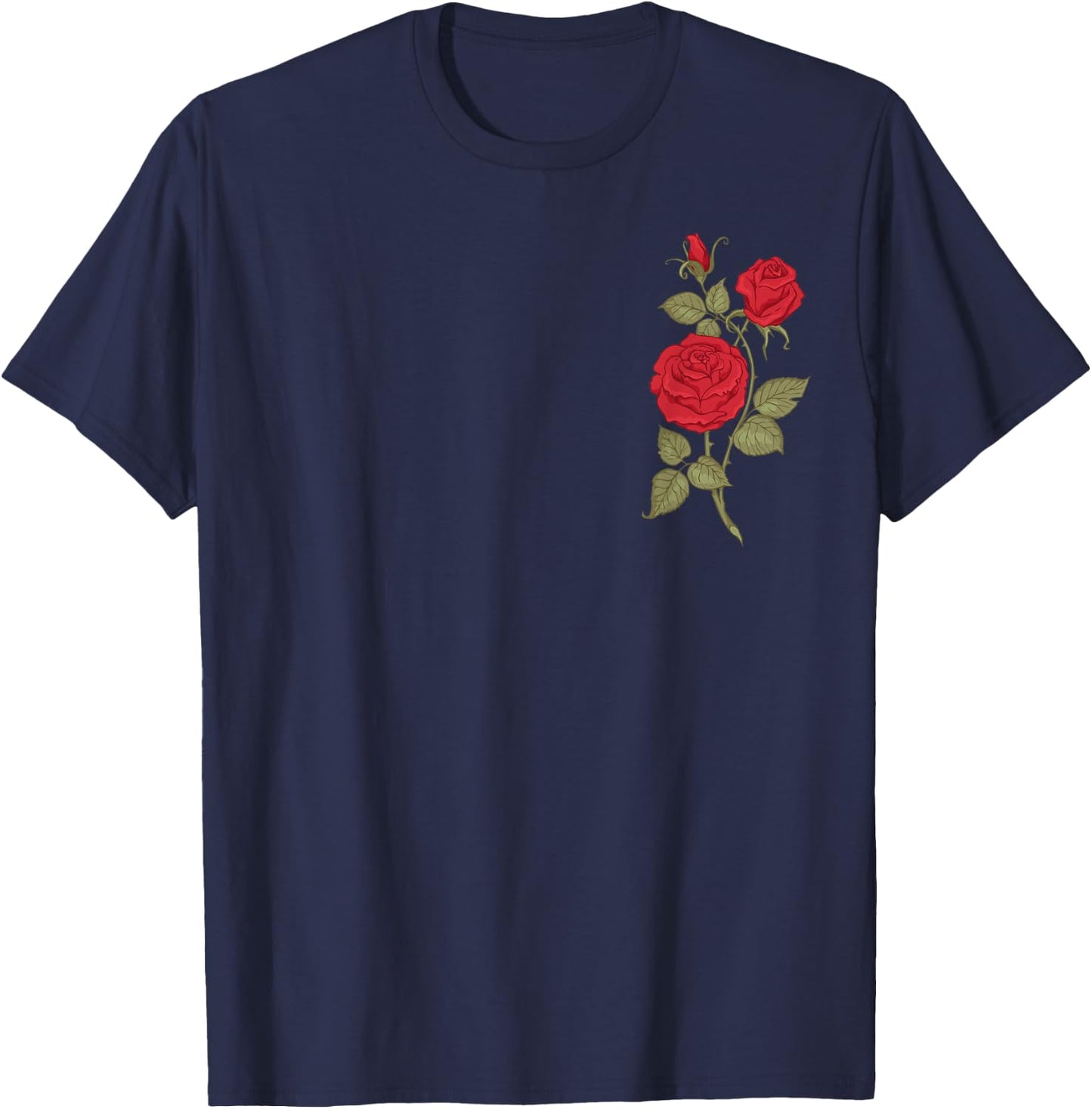 Single Red Rose Pocket Flower Romantic Love Pocket T-Shirt - T-Shirt | Navy