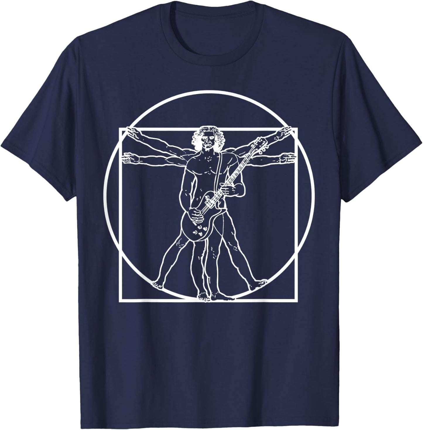 Da Vinci Vitruvian Man Playing the Guitar Rocker Parody T-Shirt - T-Shirt | Navy