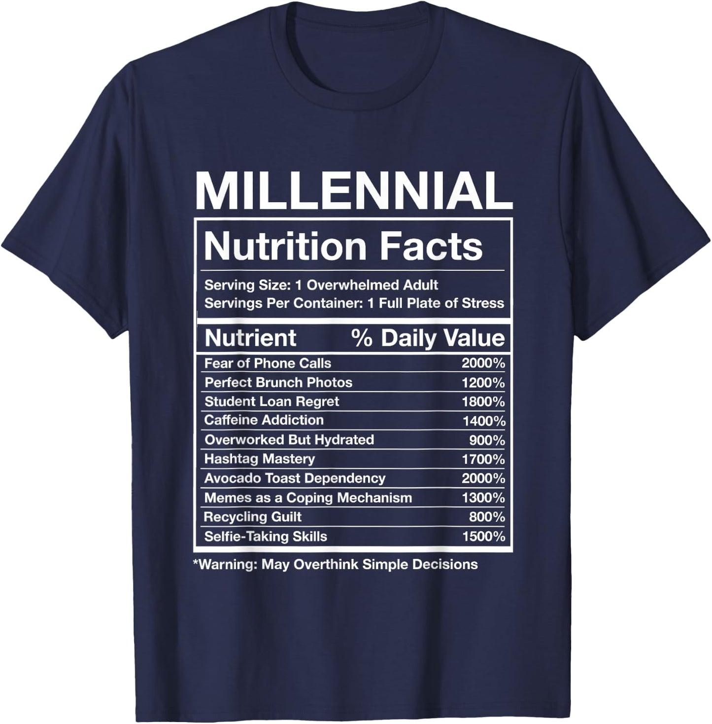Millennial Nutrition Facts - Funny Generation Meme T-Shirt - T-Shirt | Navy