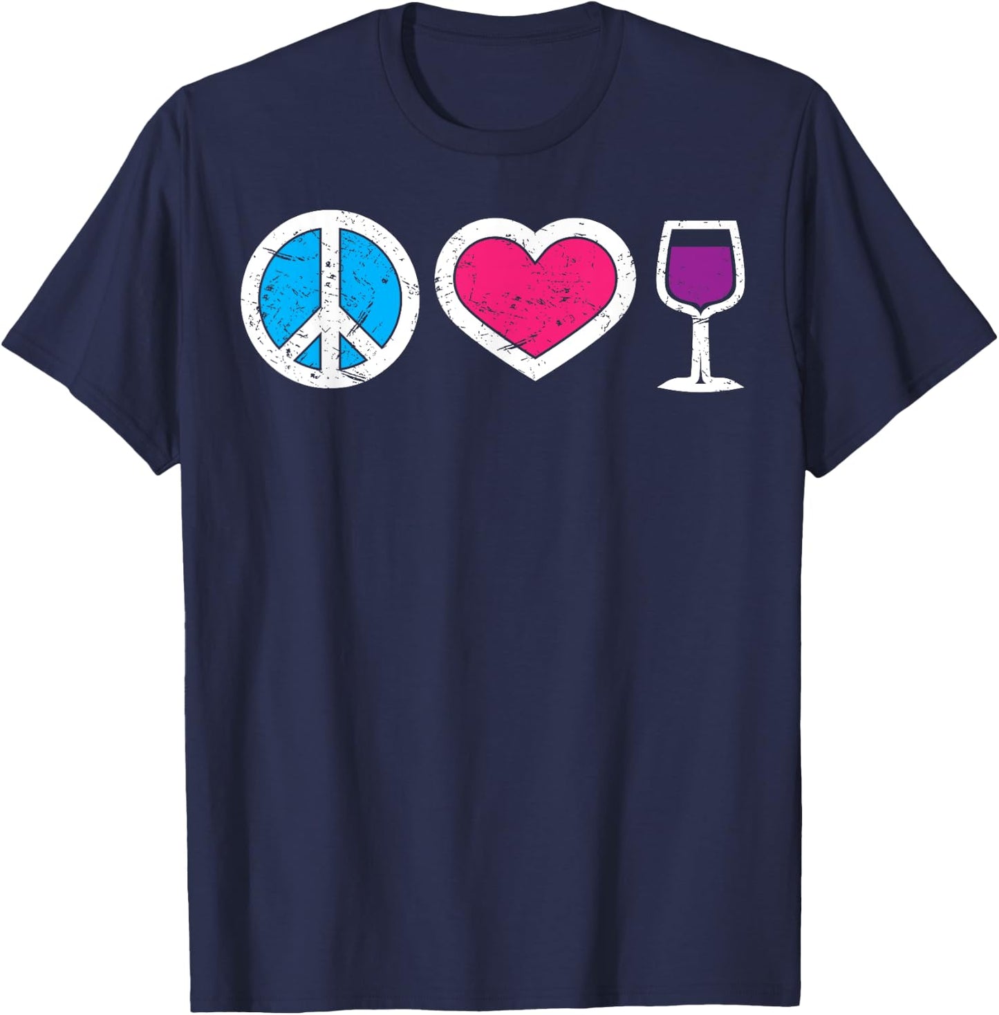 Peace Sign Love Heart And Wine Shirt | Cute Wine Lover Gift T-Shirt - T-Shirt | Navy
