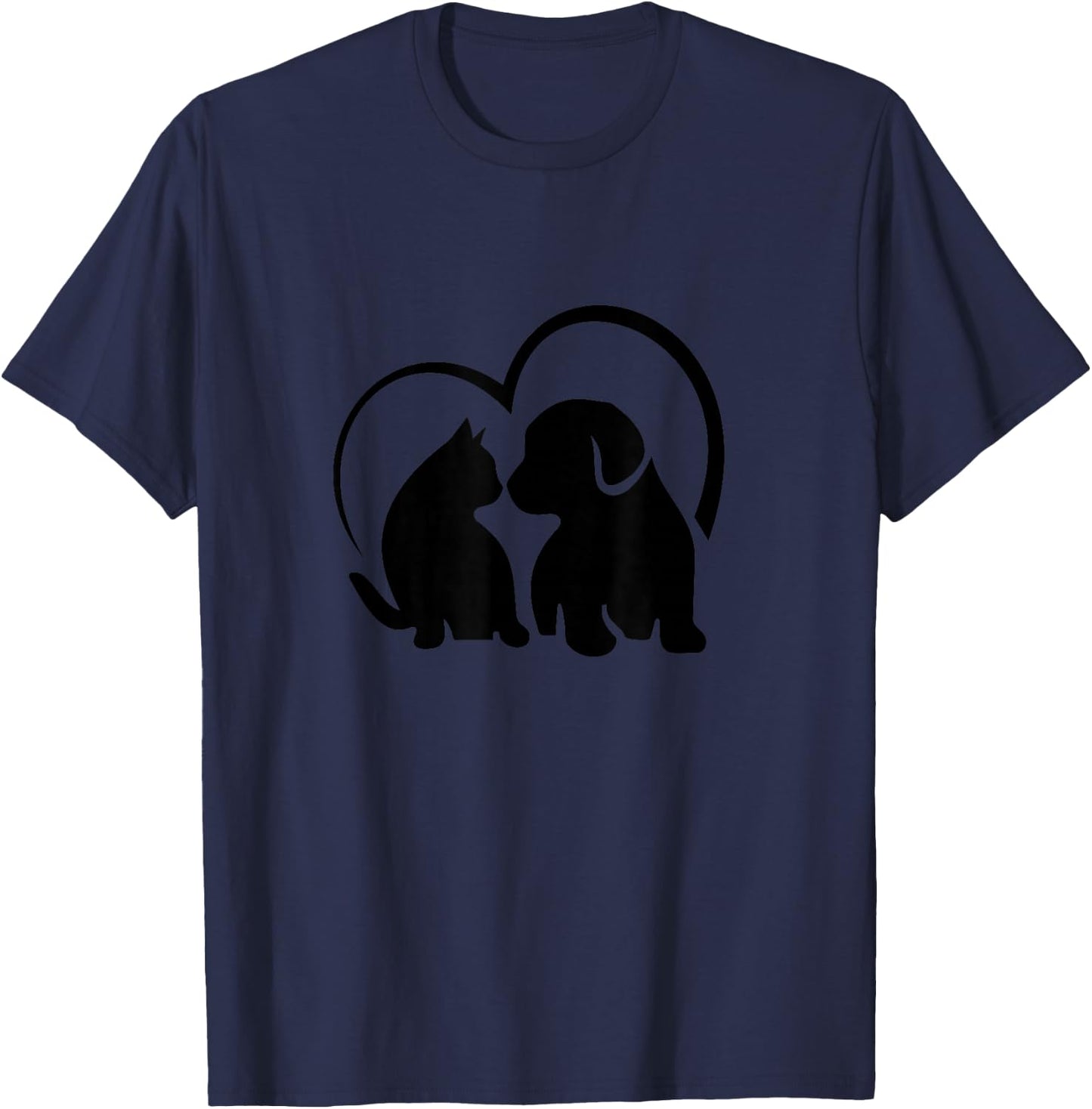 Cat and Dog with Heart Pattern , grey, S T-Shirt - T-Shirt | Navy