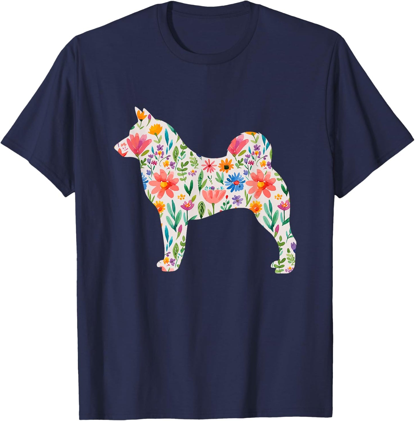 Norwegian Elk Dog Watercolour Flowers Design T-Shirt - T-Shirt | Navy