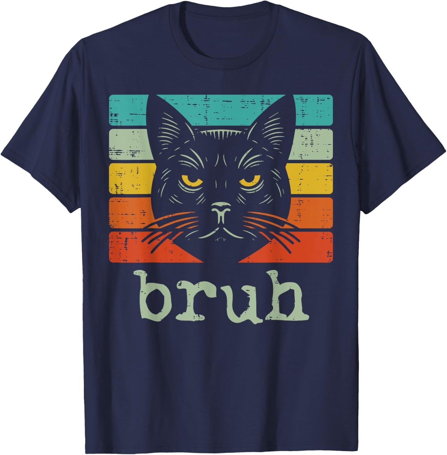 Black Cat Face Bruh Retro Funny Saying Meme Women Men Kids T-Shirt - T-Shirt | Navy