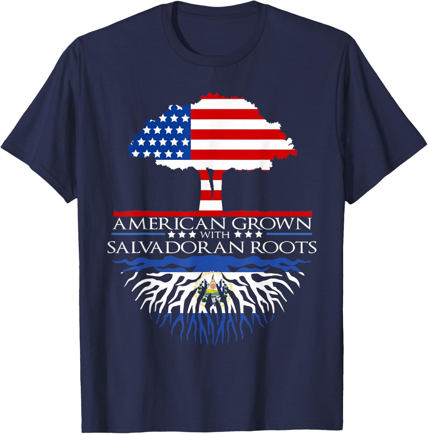 Salvadoran Roots American Grown Tree Flag USA El Salvador T-Shirt - T-Shirt | Navy