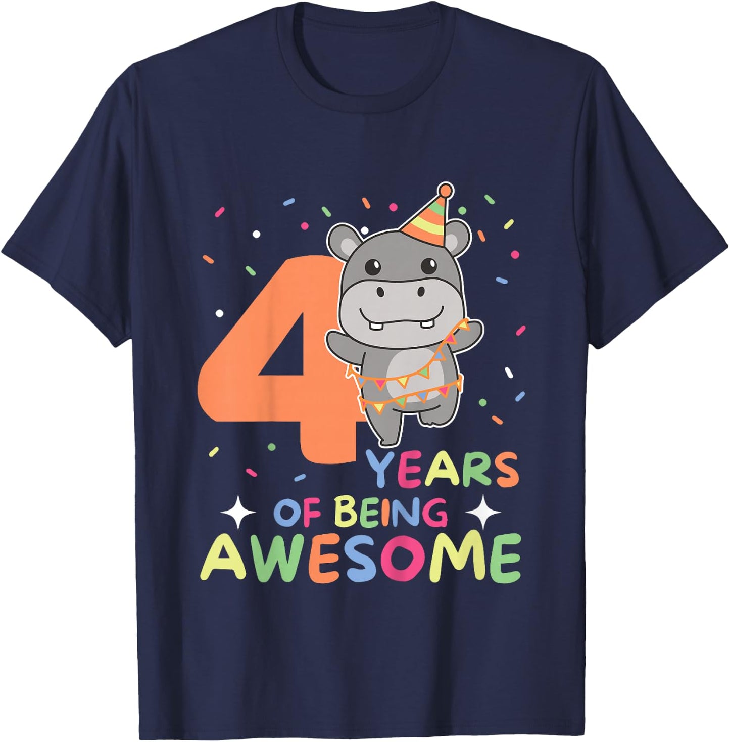 Kids Hippo 4th Birthday For Kids Four Years Old T-Shirt - T-Shirt | Navy