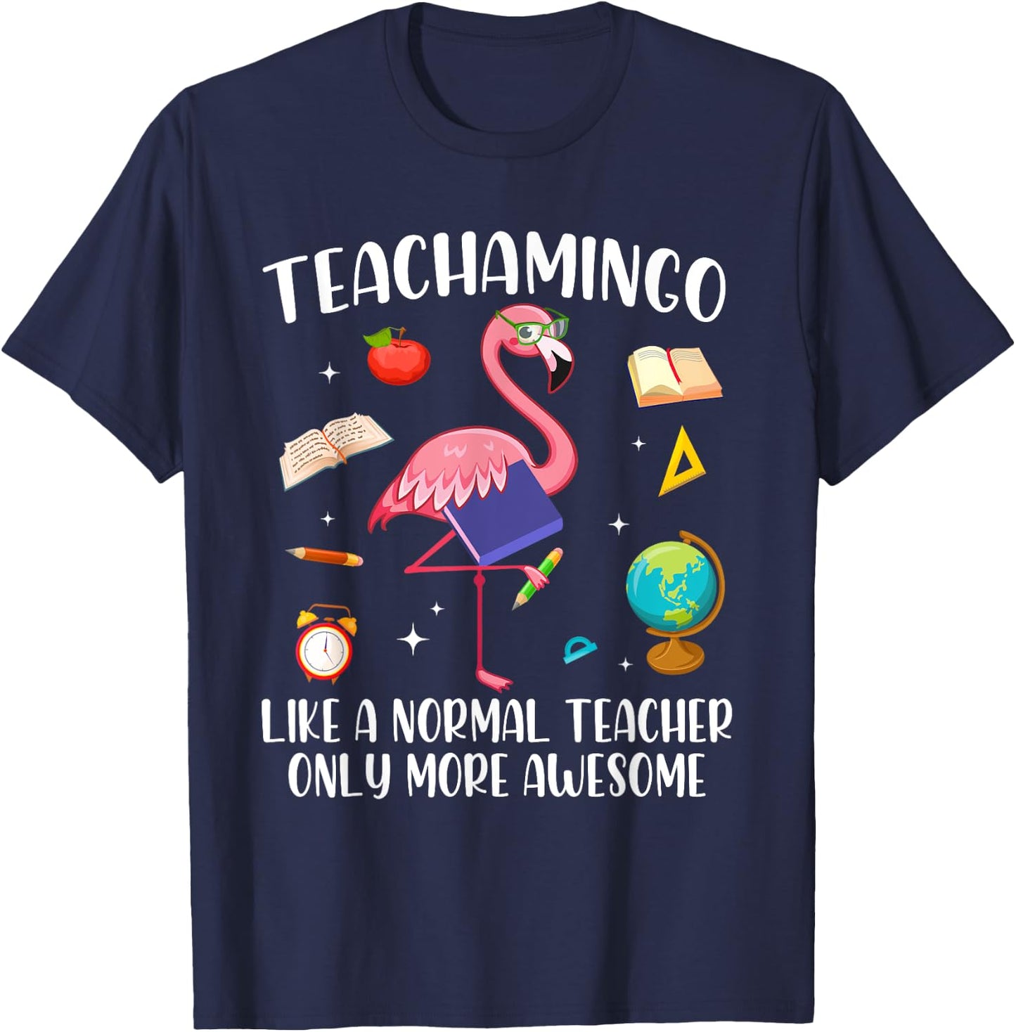 Teacher Pink Flamingo Tropical Flowers Women T-Shirt - T-Shirt | Navy