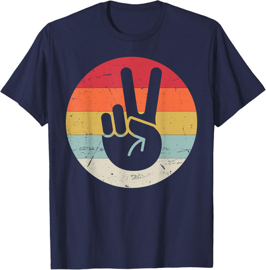 Retro Peace Sign V Fingers Vintage 60s 70s 80s Cool Graphic T-Shirt - T-Shirt | Navy
