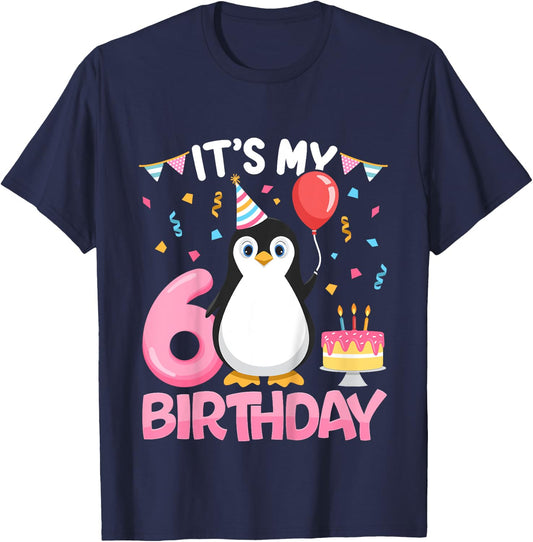 Penguin Birthday 6 Year Old Girl 6th Birthday Party Six T-Shirt - T-Shirt | Navy