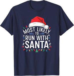 Most Likely to Run with Santa Christmas Runner Fun T-Shirt - T-Shirt | Navy
