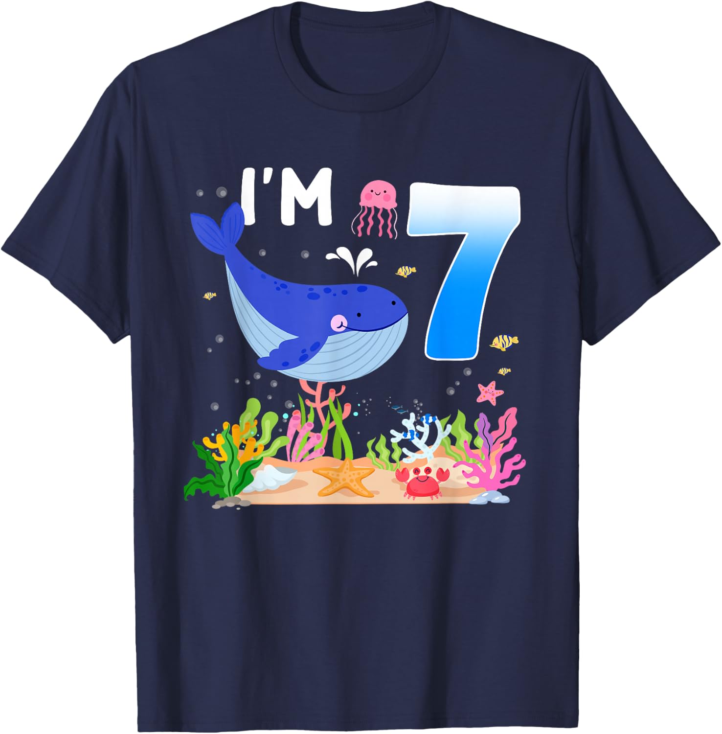7th Birthday Cute Whale 7 Year Old Boys Girls Birthday T-Shirt - T-Shirt | Navy
