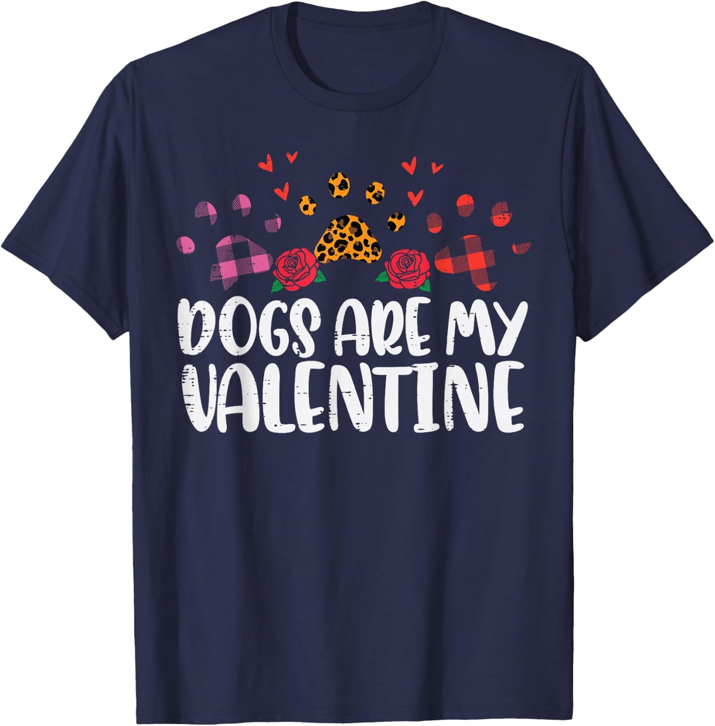 Dogs Are My Valentine Leopard Plaid Paw Valentines Day Women T-Shirt - T-Shirt | Navy