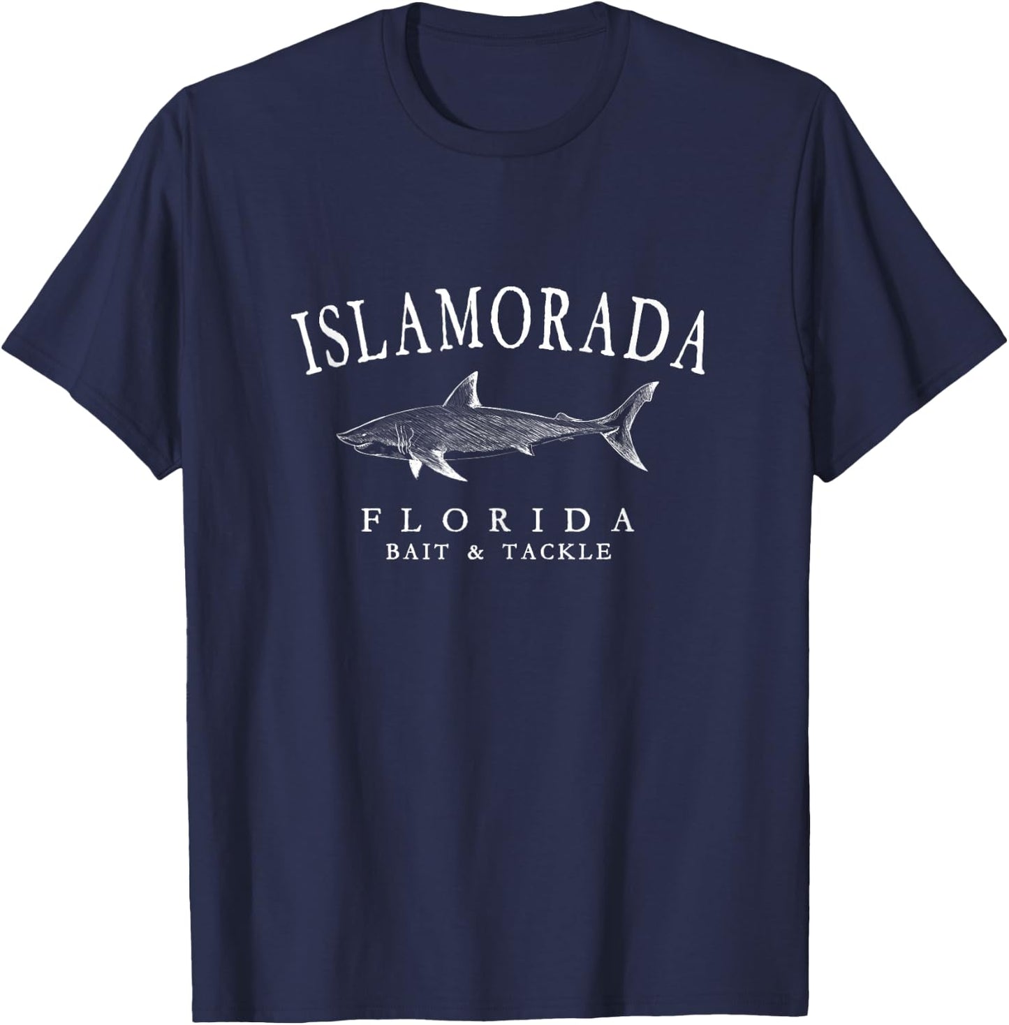 Islamorada Florida Shark Vintage White Outline Fishing T-Shirt - T-Shirt | Navy