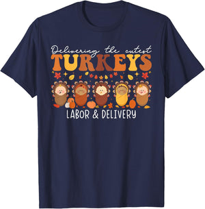 Labor And Delivery Nurse Thanksgiving L&D Nurse -Adults Black Polyester Stretchable Modern Classic Cartoon Thanksgiving Small T-Shirt - T-Shirt | Navy