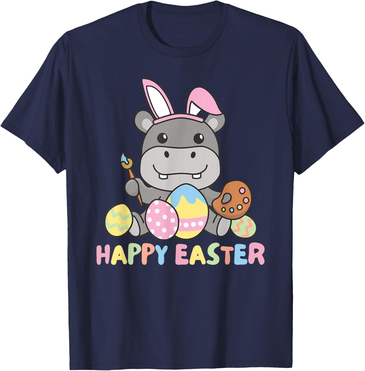 Happy Easter Cute Hippo For Easter With Easter Eggs T-Shirt - T-Shirt | Navy