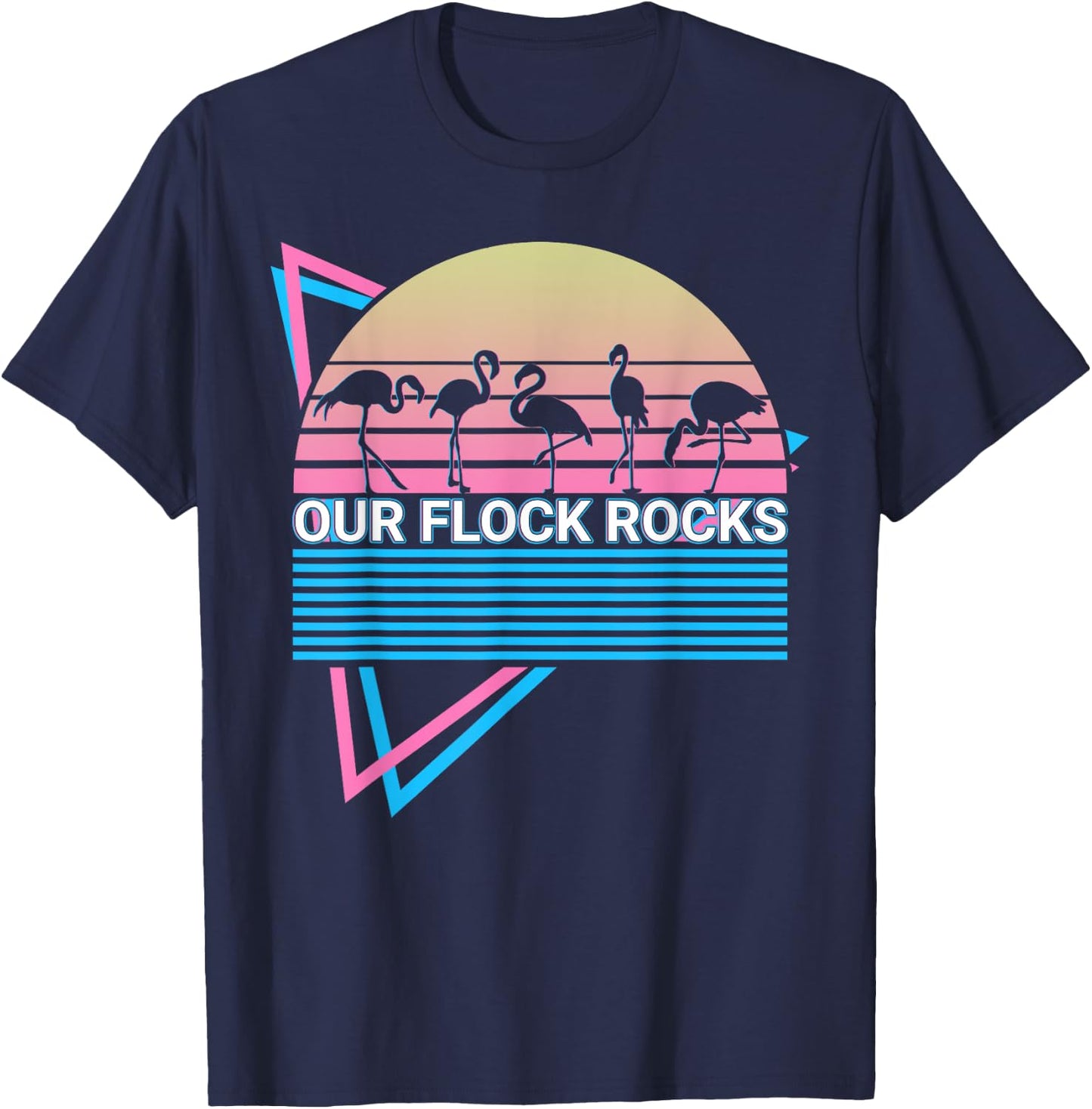 Funny Flamingo Retro Our Flock Rocks T-Shirt - T-Shirt | Navy