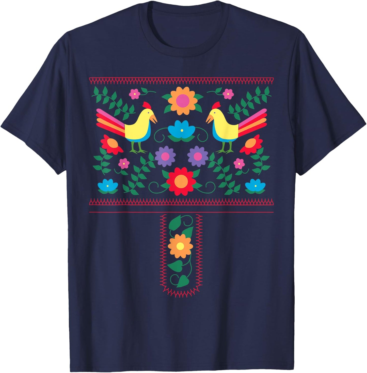 Bright Color Traditional Mexican Flowers and Birds T-Shirt - T-Shirt | Navy