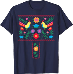 Bright Color Traditional Mexican Flowers and Birds T-Shirt - T-Shirt | Navy