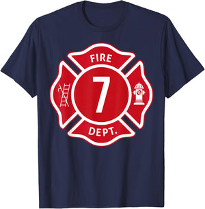 Kids Fire Truck 7th Birthday Boy Firefighter 7 Year Old T-Shirt - T-Shirt | Navy