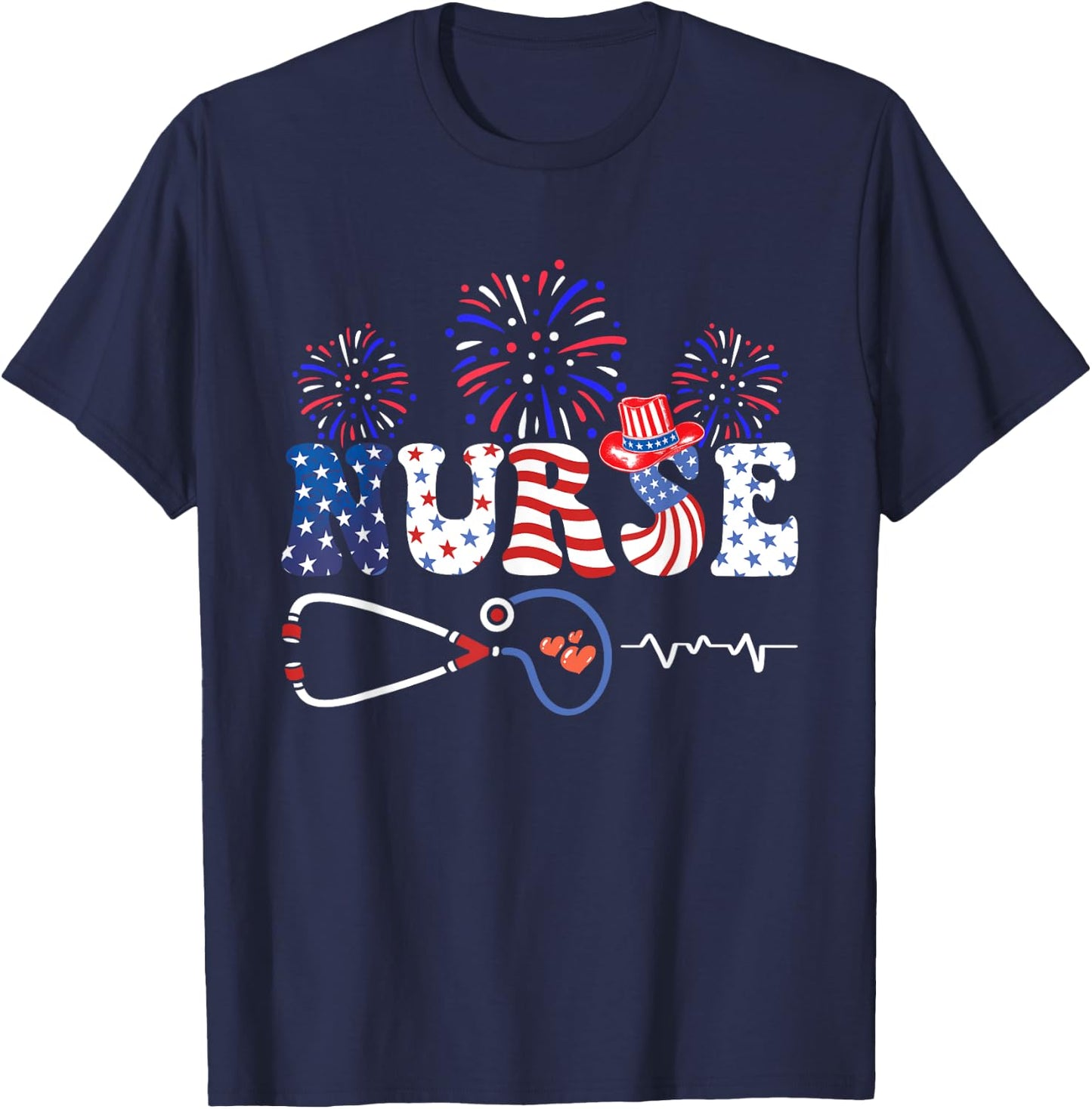 USA American Flag Patriotic Nurse Stethoscope 4th of July T-Shirt - T-Shirt | Navy