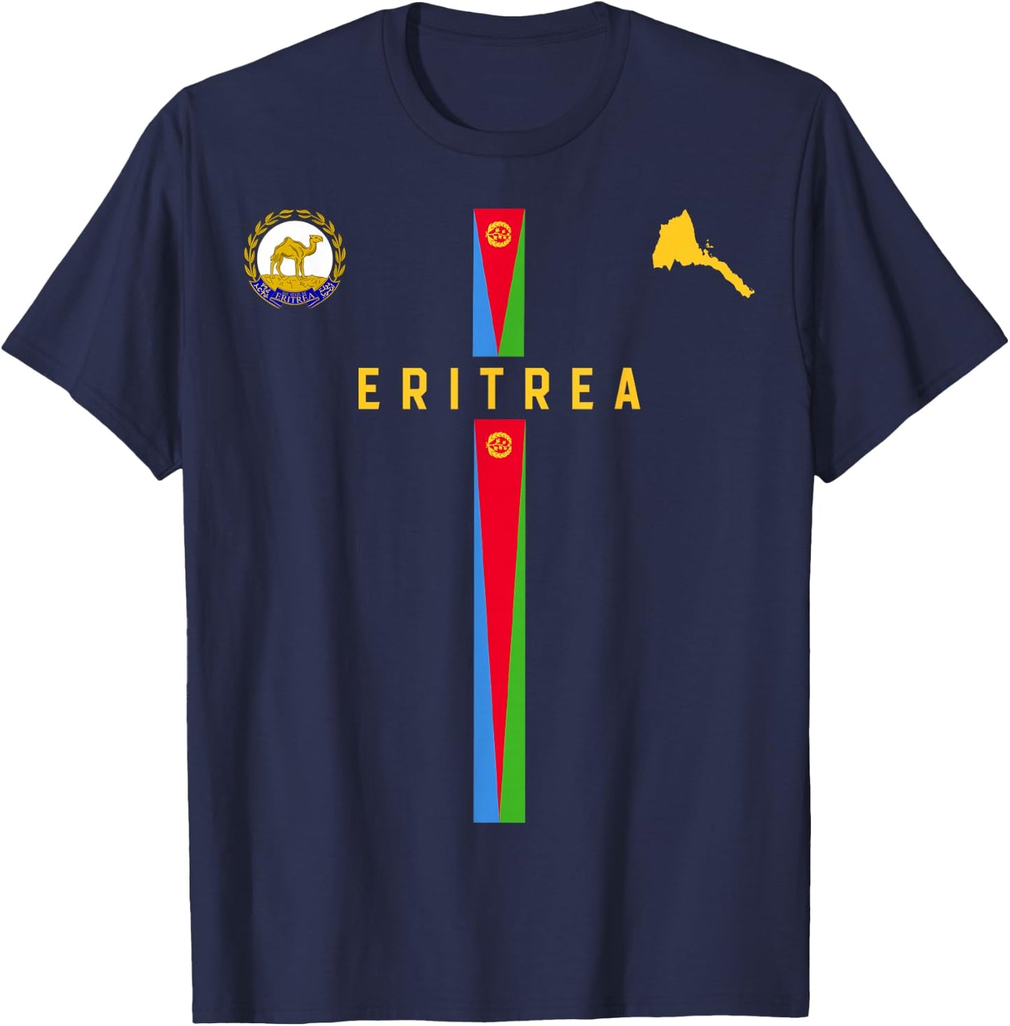 Flag of Eritrea, map silhouette of Eritrea, national emblem , Black, S T-Shirt - T-Shirt | Navy