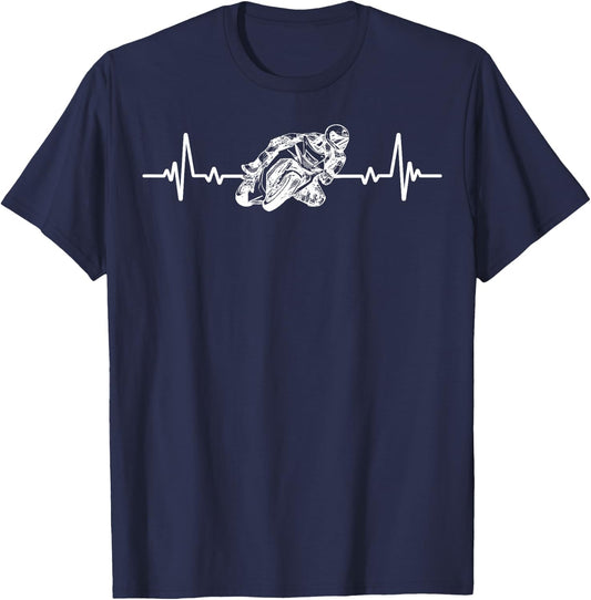 Motorcycle Racing Heartbeat Motorcycle Racing Biker Humour T-Shirt - T-Shirt | Navy