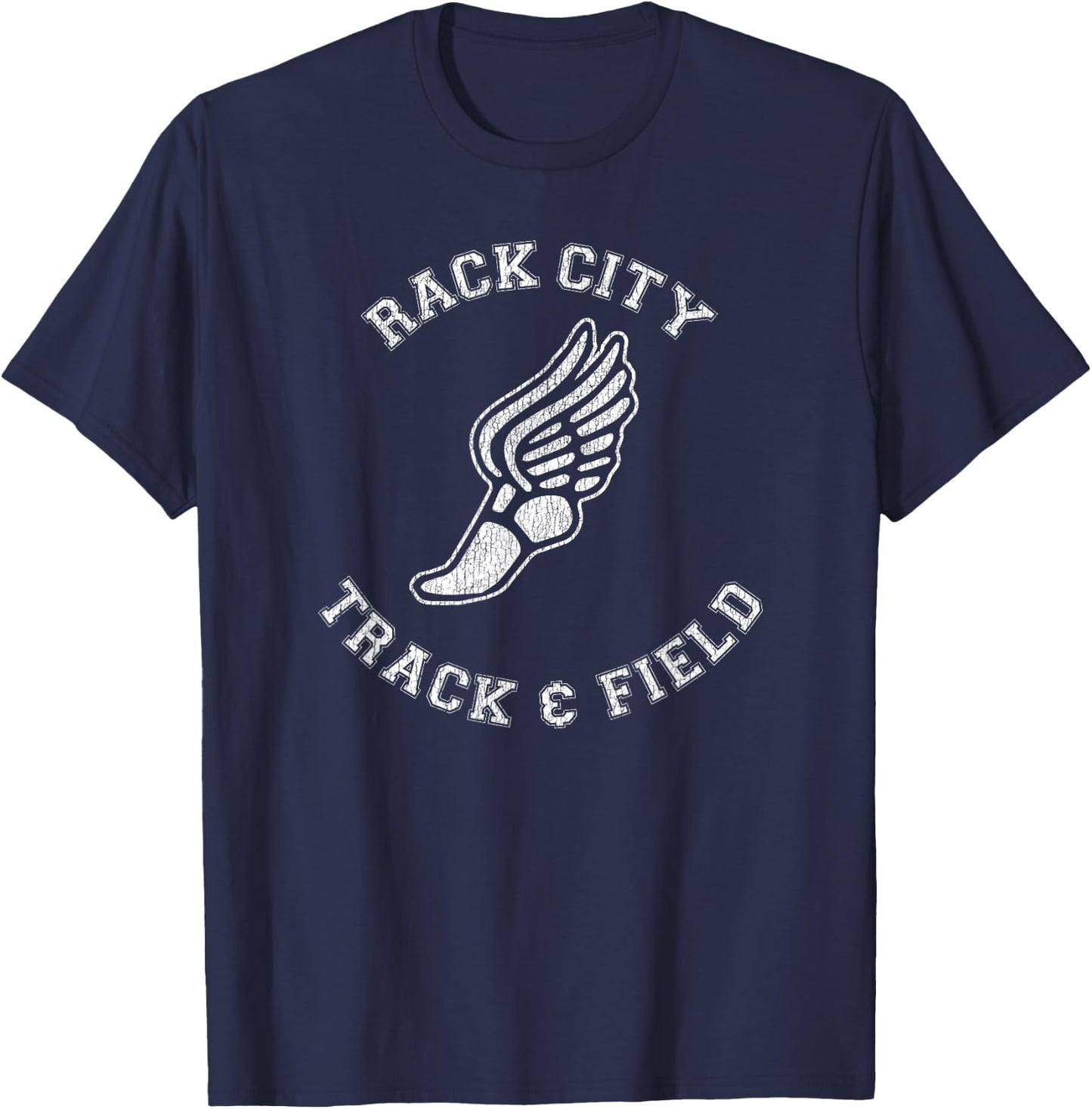 Rack City Track & Field Distressed Retro Classic 80s T-Shirt - T-Shirt | Navy