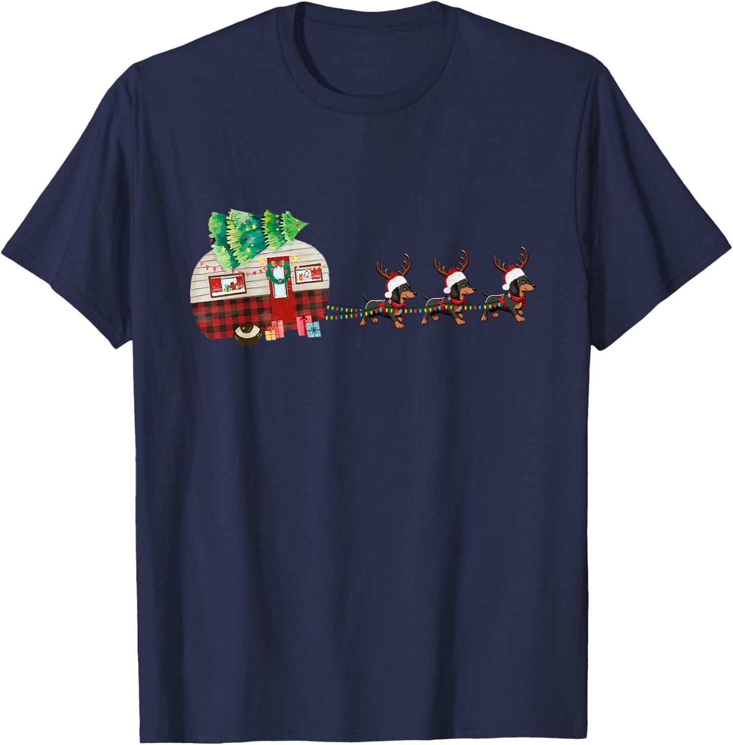 Funny Santa Dachshund Dog Sleigh Christmas Pet Camper Van T-Shirt - T-Shirt | Navy