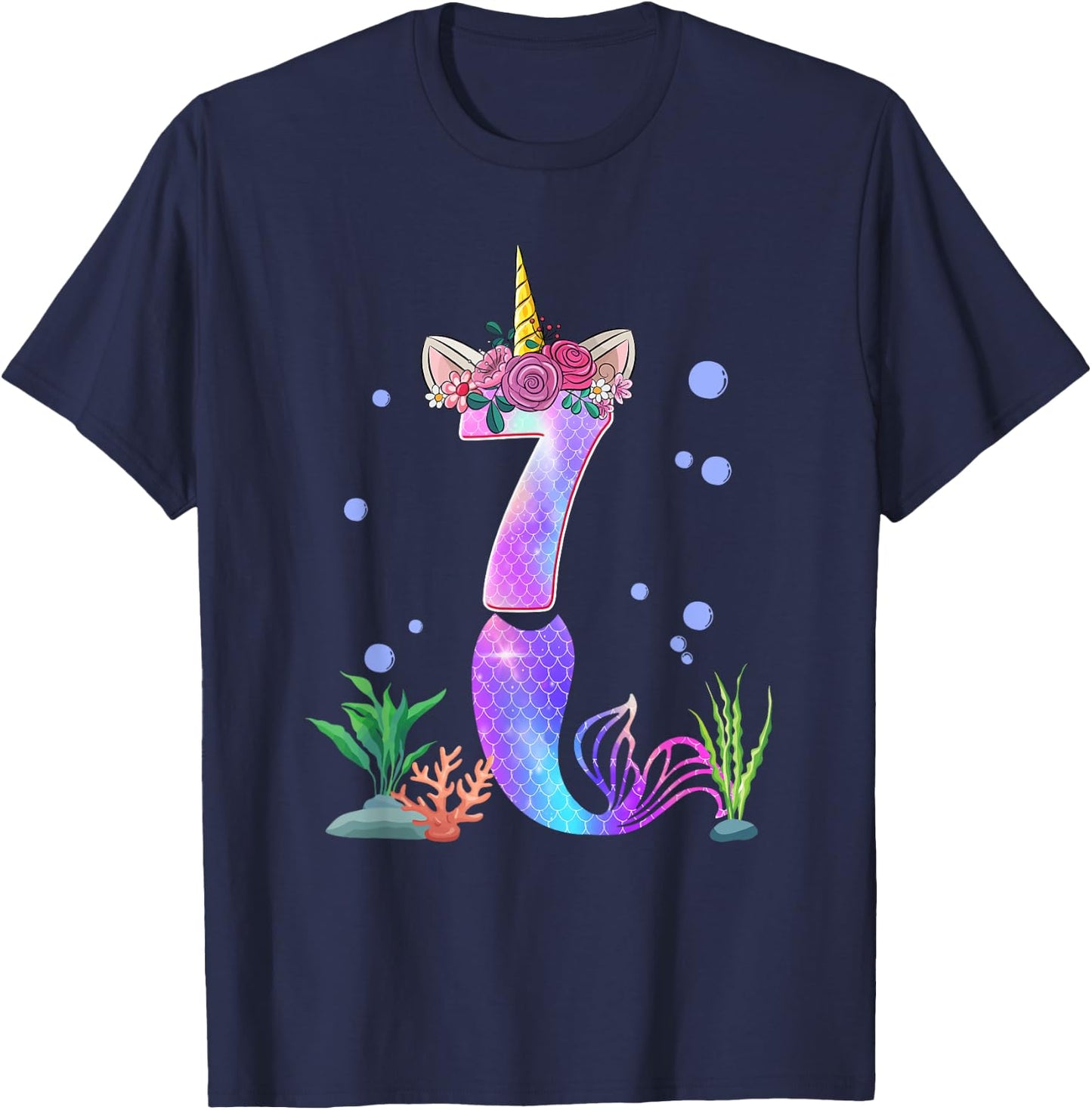7 Year Old Unicorn Mermaid 7th Birthday Theme Tail Girl T-Shirt - T-Shirt | Navy