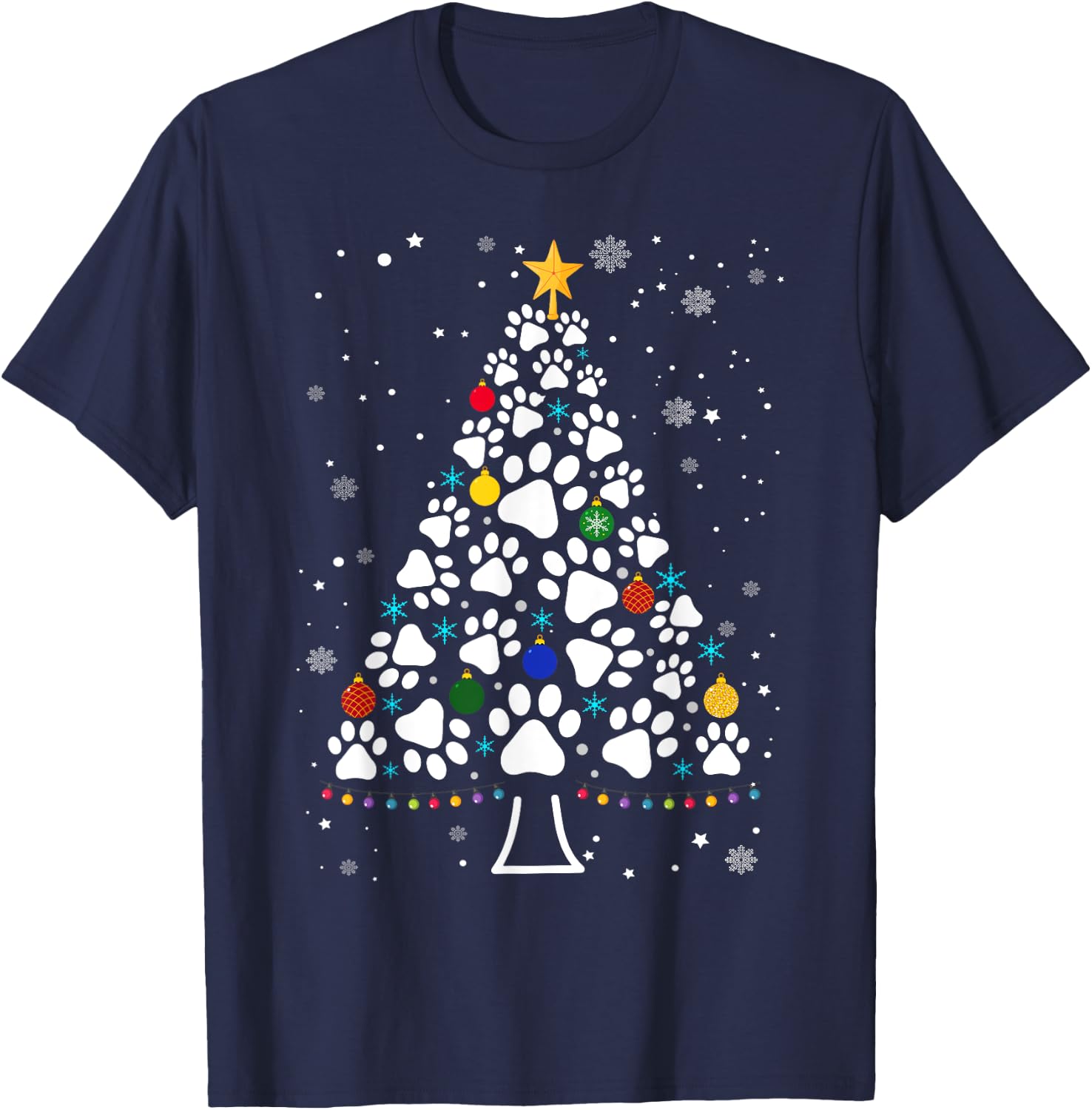 Paw Print Christmas Tree Lights Matching Family Xmas T-Shirt - T-Shirt | Navy