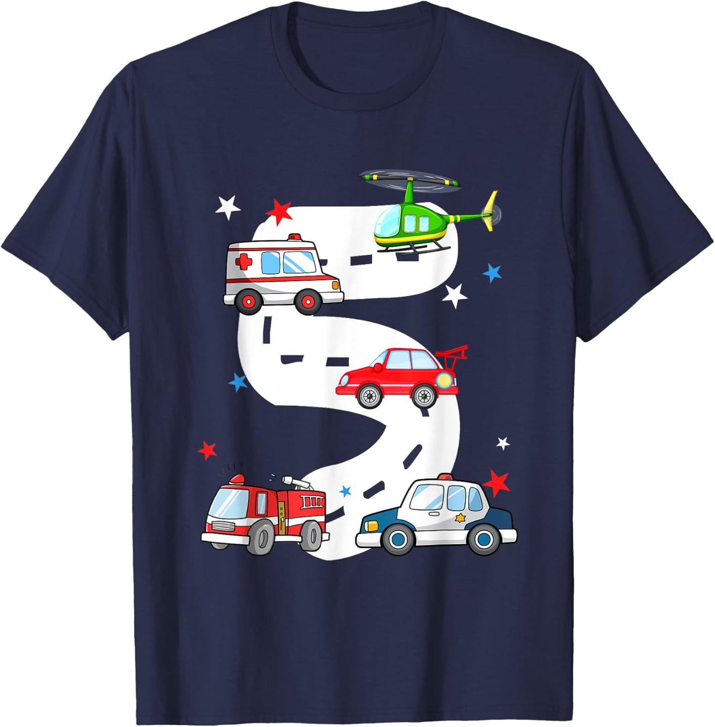 5th Birthday Emergency Vehicles 5 Year Old Birthday Kids T-Shirt - T-Shirt | Navy